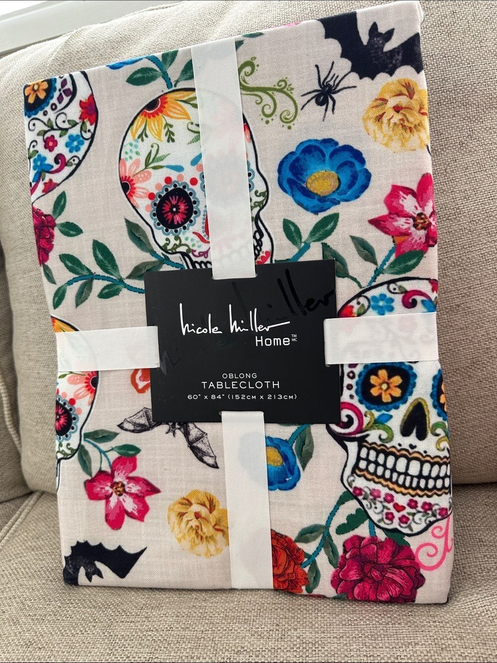 NWT Nicole Miller Home Oblong Tablecloth - Floral Sugar Skull Print